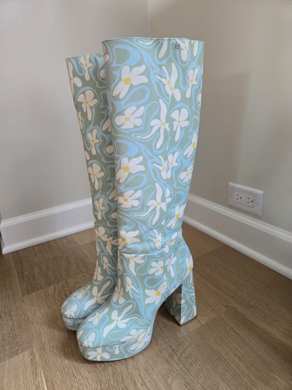 Larroude Floral Pattern Knee-High Platform Boots Tea Flower Hippie Tall